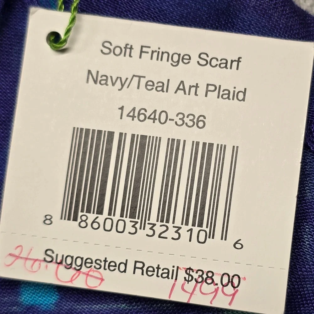 Vera Bradley Soft Fringe Scarf Womens‎ Navy Teal Art Plaid Blue 14640-336 NWT